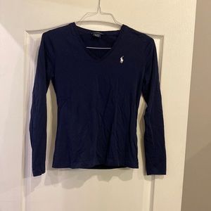 Women’s V-Neck Long Sleeve Ralph Lauren Polo Sport Shirt Navy Blue